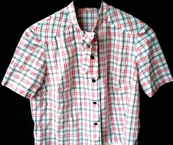 Sale 30% Second Hand, blouse, pussy-bow blouse, short sleeves, collar, fitted/short, white/red/black/checked, dimensions, one size, women, vintage