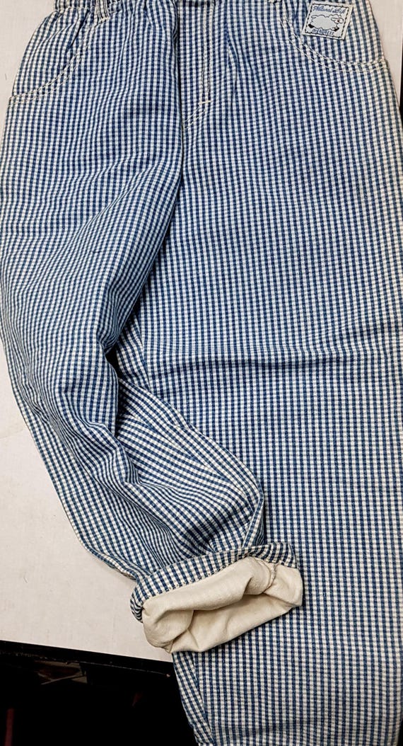 Sale 30% checked trousers, pull-on trousers, denim, lining, wide leg, elastic waistband, 4 pockets, blue/natural, dimensions, kids, gender, Whoopi, Vintage