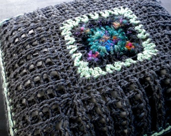 Crochet cushion handmade wool mix grey mint colorful Granny Square wool mix decorative vintage look