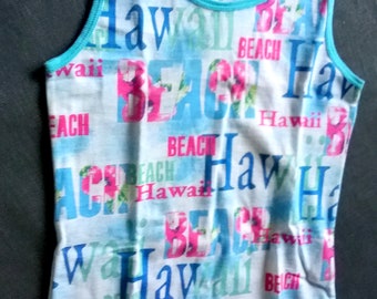 Tank top, sleeveless T-shirt, graphic- beach- Hawaii, white- turquoise- pink- green, girls, girls, body club, vintage