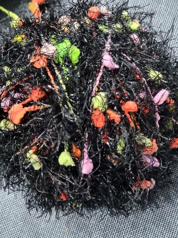 Wool, designer yarn mix, accent yarn/effect yarn/disco hair, black/multicolored with glitter or white/multicolored, hand-wound, vintage wool