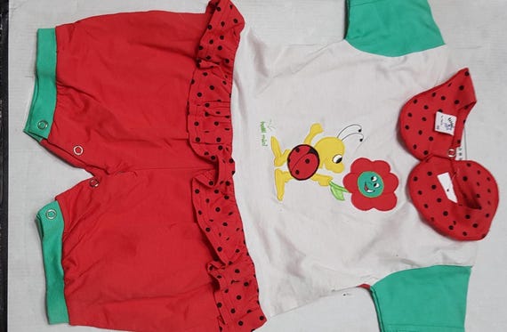 Sale 30% Jumpsuit, one-piece, short overall, ladybug/flower, white/red/green, cotton, baby/kids, girls, Tutti Paletti, vintage