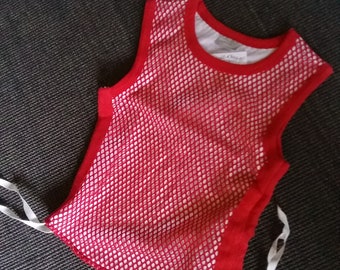 Tank top, sleeveless T-shirt, mesh details, grosgrain ribbon, red and white, with elastane, short size, girls, Bodyclub by G.O.L. , vintage