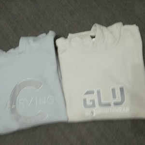 Può includere: Sono presentate due felpe con cappuccio, una azzurra e una bianco sporco. La felpa azzurra ha la scritta "CARVING" ricamata in una tonalità più chiara. La felpa bianco sporco ha "GLU SPORTSWEAR" ricamato in una tonalità simile.