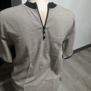 Sale 30% T-shirt, short sleeve, Henley, polo shirt, stand-up collar, linen look, grey-beige-black, BIG, Boys, Men, del Gado, Vintage