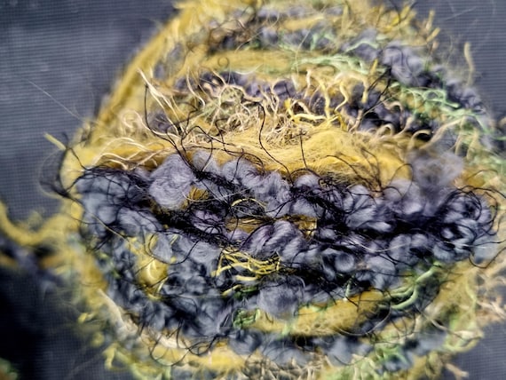 Wool, designer yarn mix, accents/extra soft, Marjo/yellow/curry 2 part. Fluffy grey, yellow-green fringe, hand-wound, vintage wool