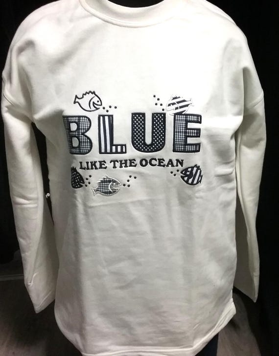 Sale 30% Sweater, sweatshirt, white-blue, graphic, sea motifs, appliqués, 100% cotton, best quality, BIG, Gender, del Gado, Vintage
