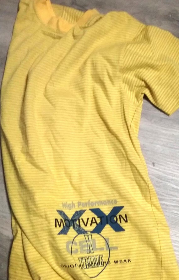 SALE 30% T-Shirt, short sleeve, striped, graphic- High Performance, yellow + orange with blue, Peppino, Vintage