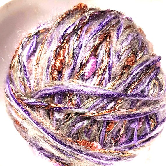Wool, designer yarn mix, accent yarn/ novelty yarn, Anne Claire/ purple tones/copper, bobbles, various fiber types, hand-wound, vintage wool