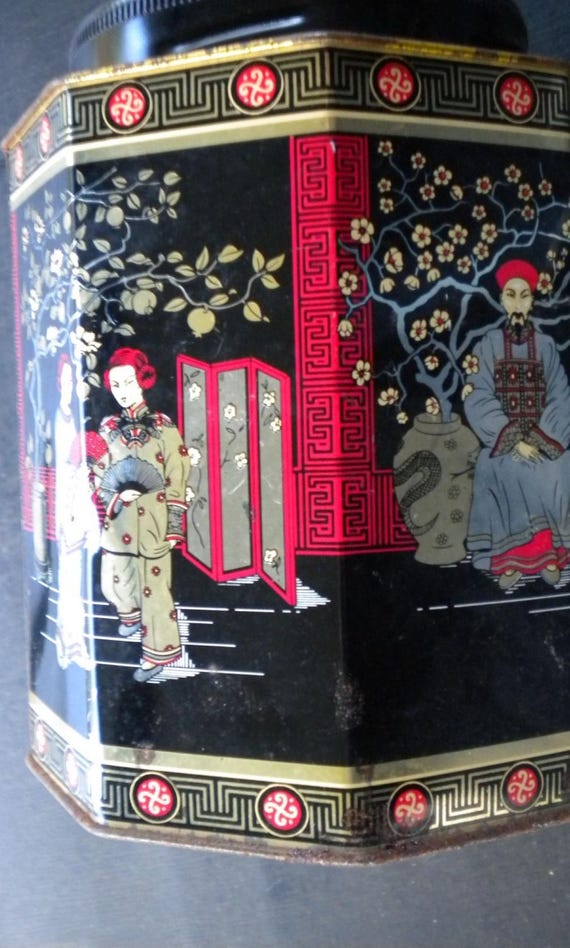 Sale 30% antique tea tin, China, Japan, Asia, tin box, rare vintage item
