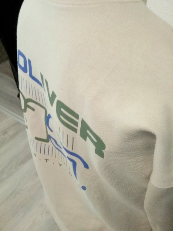 Sale 30% Sweater, sweatshirt, LOGO, frontside, beige-blue-green, Super BIG, extra wide, narrow upper arm, boys, men, S.Oliver, vintage