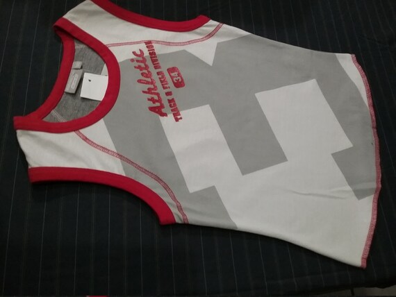 Sale 30% Tanktop, sleeveless T-shirt, graphic athletics, white-grey-red, with elastane, short size, Bodyclub by G.O.L. , Vintage