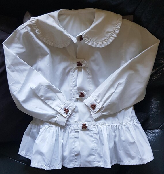 Sale 30% Whoopi, blouse, wide tunic, BIG, collar, white, bear buttons, ruffle details, polyester with cotton, KIDS, girls, vintage