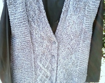 gilet sans manches, gris un peu argenté, taille One Size Big, mesures, chenille, tricoté main, vintage