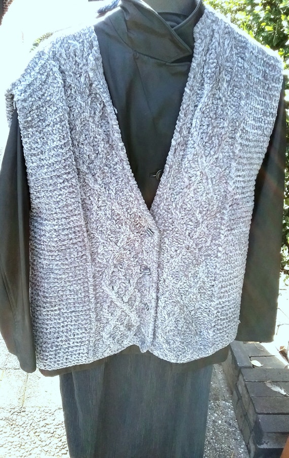 handmade, sleeveless vest, grey with some silver, size One Size Big, custom measurements, chenille, vintage
