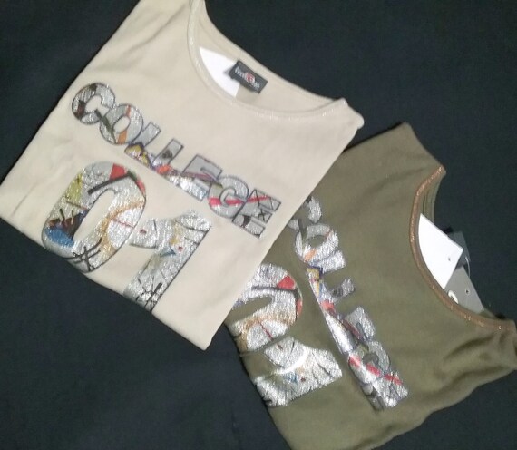 Sale 30% T-Shirt, short sleeve, graphic - COLLEGE 01 glitter glamour, beige-multi-silver + olive-multi-gold, Girls, Level One, Vintage