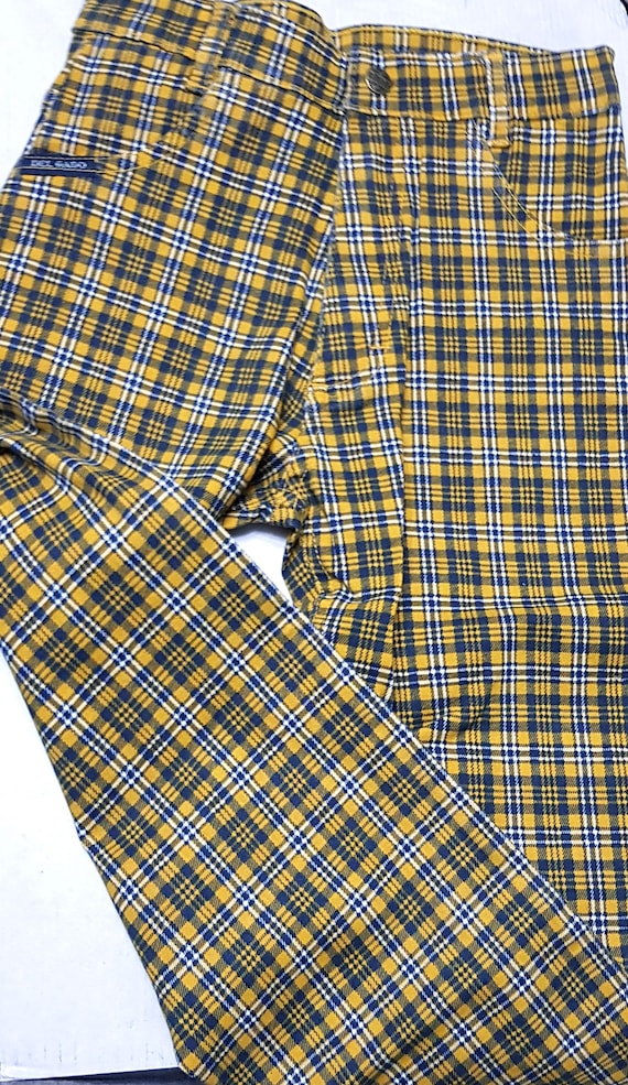 Sale 30% Pants, checked, cotton elastane, good stretch, yellow/blue, straight cut, zipper/slider, Young Fashion, Gender, Del gado, Vintage
