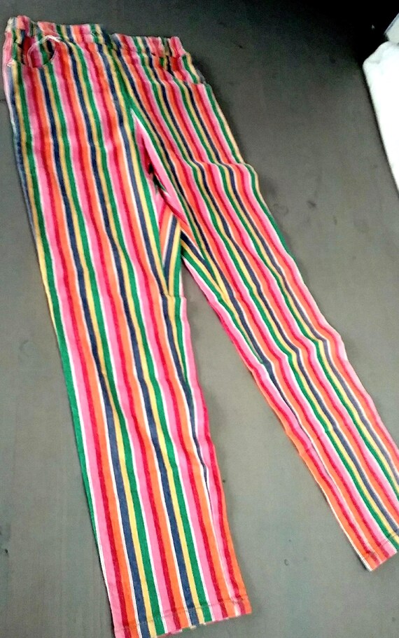 Sale 30% striped trousers, long, straight fit, pink/multi-colored, pockets, belt loops, measurements, details, young fashion, gender, Whoopi, vintage