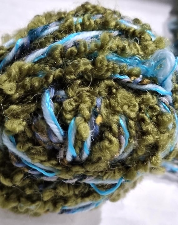 Wool, designer yarn mix, accent yarn/effect yarn/ extra soft, fluffy hunter green-turquoise-royal blue, hand-wound, vintage wool