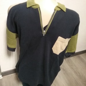 Sale 30% T-shirt, short sleeve, polo shirt, graphic back, blue-green-beige, shoulder yoke, collar, zipper, pocket, BIG, Fesh-Flash, Vintage