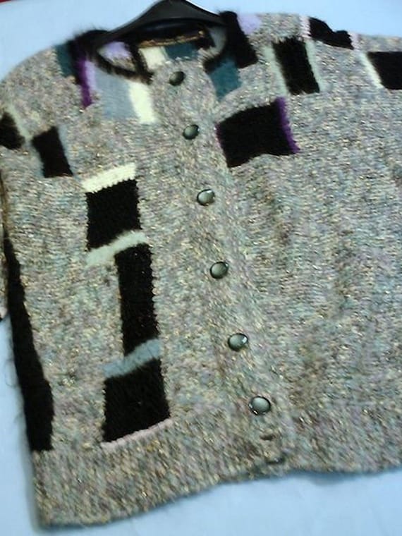 Strickjacke, Mohair-Mix mit Angora-Details, rustikale Outdoor-Jacke, handgefertigt, On Size, schwarz/grün/lila/gelb, Damen, Frauen, Vintage