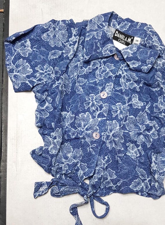 Sale 30% Blouse, tie-front blouse, short sleeves, collar, floral, blue/white, viscose/nylon, buttons, ribbons, KIDS, girls, Daniela Monti, Vintage