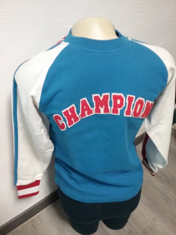 Sale 30% Pullover, Sweatshirt, Raglan, Graphic-CHAMPION, overlay - blue-red-white, other details, BIGFormat, No Limits, MEGA-X, Vintage