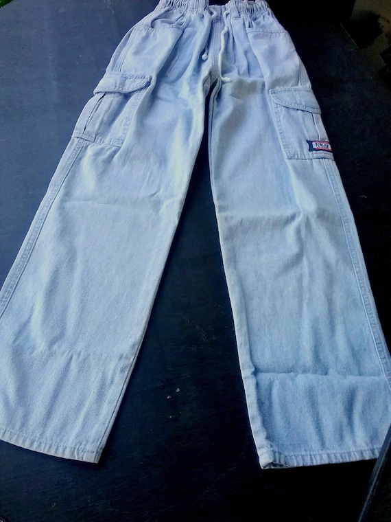 Jeans, pull-on trousers, cargo, straight fit, wide leg, denim, light blue, 6 pockets, belt loops, young fashion, gender, Tokay, vintage