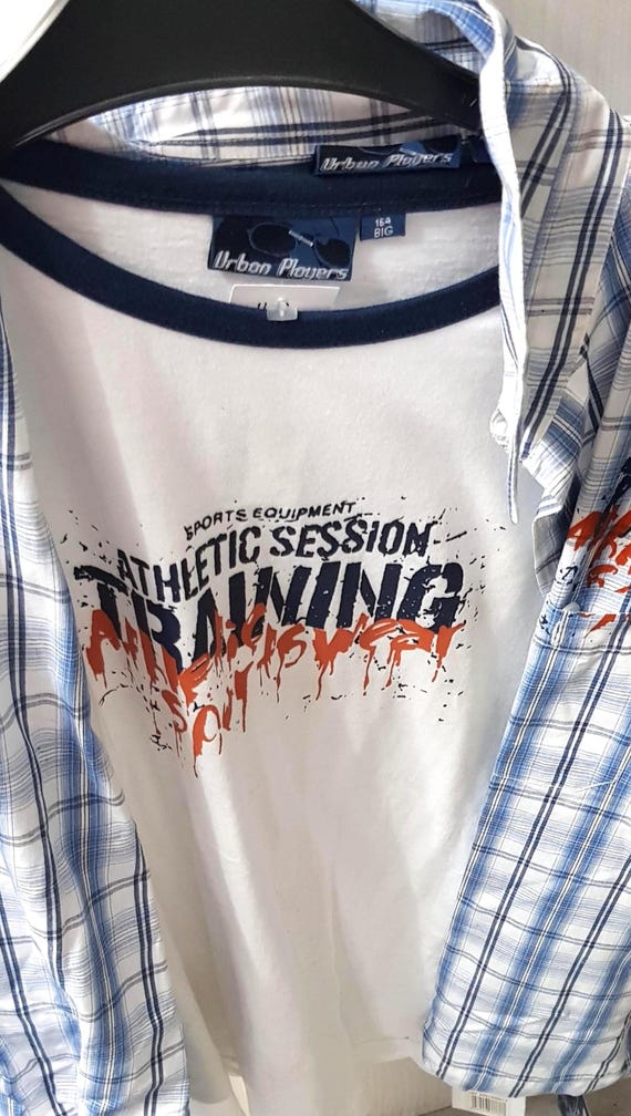 Sale 30% Long-sleeved shirt, white/blue/orange, graphic/lettering/logo, cotton, polyester, matching shirt, Urban Players by Bad+Mad, Vintage