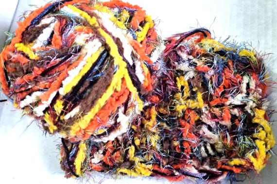 Wool, designer yarn mix, chunky wool, accent yarn/extra soft/ brown/orange/yellow/multicolored, for accessories, hand-wound, vintage wool