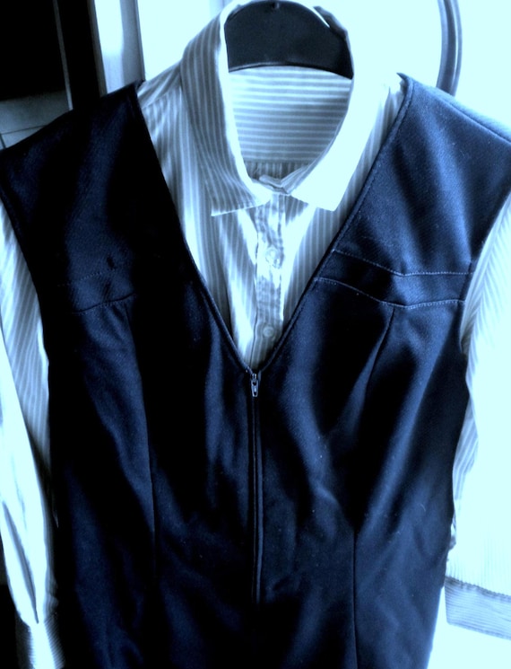 Sale 30% Strap skirt, fitted, zipper, V-neck, dark blue, black lining, polyester, ladies, women, second hand, vintage