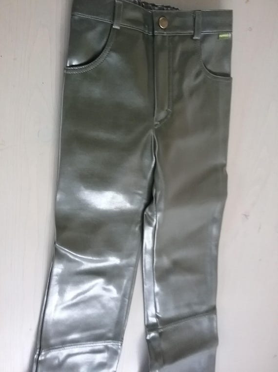 Sale 30% Flared trousers, faux leather trousers, imitation leather, mud/black pockets/zipper/slider. Elastic waistband, dimensions, Junior, Gender, Peppino, Vintage