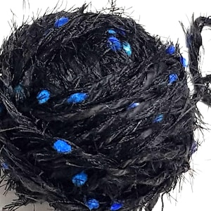 Wool, designer yarn mix, extra-soft novelty yarn, accent yarn, black, blue/turquoise pom-poms, thick needles, hand-wound, vintage wool