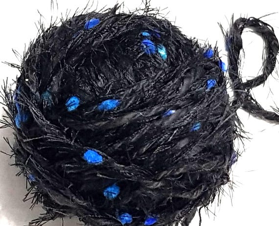 Wool, designer yarn mix, extra-soft novelty yarn, accent yarn, black, blue/turquoise pom-poms, thick needles, hand-wound, vintage wool