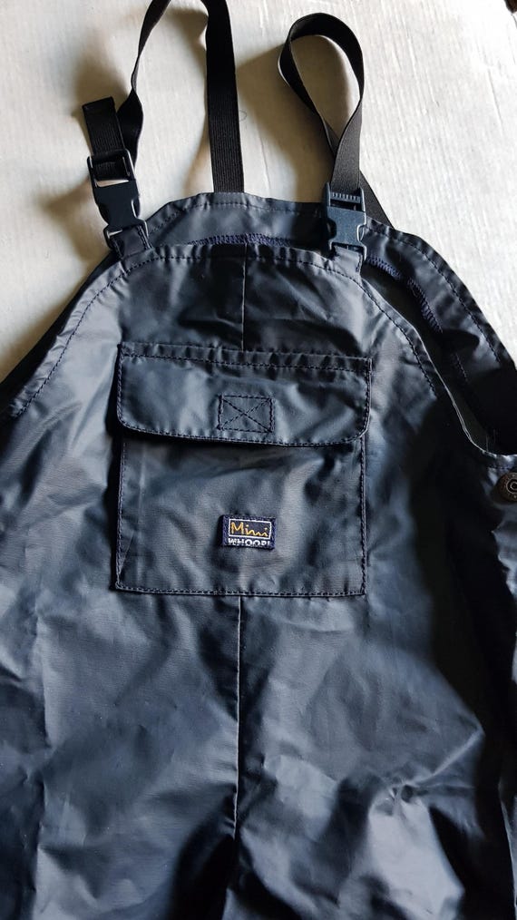 Sale 30% dungarees, rain pants with stirrup, dark blue, snap fasteners, breast pocket with Velcro, adjustable straps, kids, gender, Whoopi, vintage