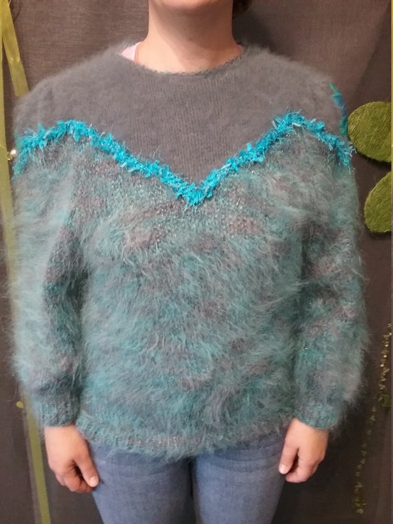 Sweater, hand-knitted, outdoor grey-turquoise, One Size Large, measurements provided, floral print, long-haired mohair, angora, mixed materials, vintage