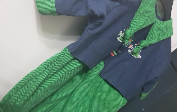 Overall, one-piece, romper, fully lined in blue, collar details, blue/green striped, KIDS, neutral, alphabet, vintage