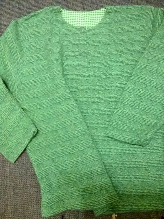 Sale 30% Sweater, pullover, polo-style, Henley, striped look, green-beige mottled, buttons, 80% wool, 20% polyamide, gender, Whoopi, vintage