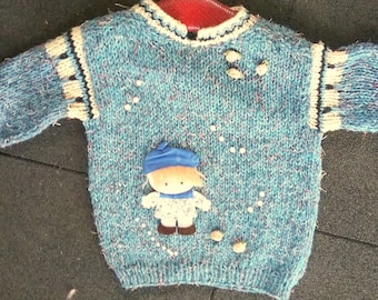 Children's sweater, turquoise- petrol- natural- salmon, one size, measurements, 3 D appliqué, satin roses, pearls, vintage