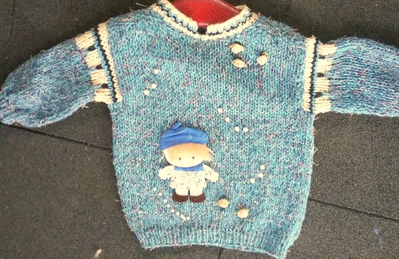 handmade, children's sweater, turquoise-petrol-natural-salmon, one size, measurements, 3D appliqué, satin roses, pearls, vintage