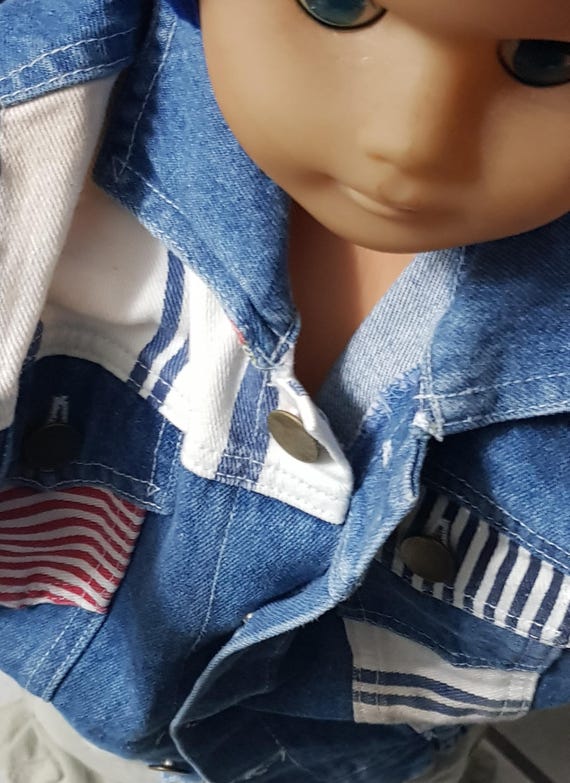 Sale 30% Denim vest, sleeveless, cotton, denim/ blue/ white, other fabric details, breast pockets, buttons, kids, gender, Schirmer, vintage