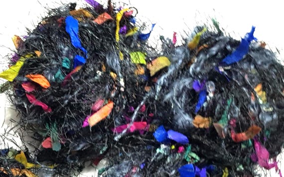 Wool, designer yarn mix, accent yarn/effect yarn/ Papyrus Live, black/multicolored + Kir Royal grey, hand-wound, vintage wool