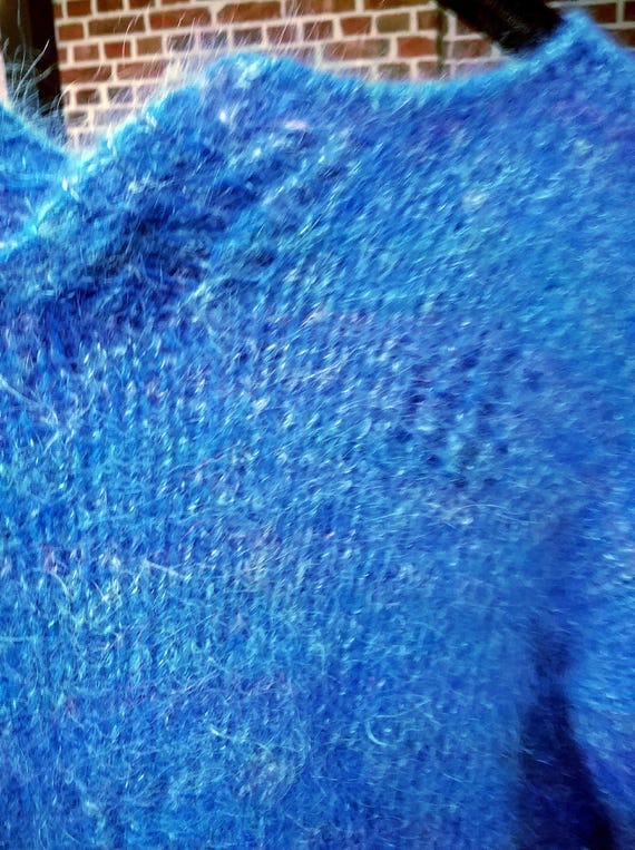 handmade, sweater, soft, polo, medium blue, gradient, on size BIG, Tiffany-Angora-Mix, unique, vintage yarn