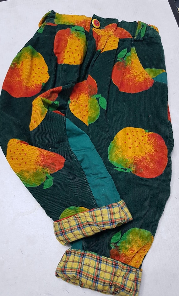 Sale 30% long trousers, corduroy trousers, green, allover orange, pockets, wide leg, zipper/other details, kids, gender, Marvin/Laura, vintage