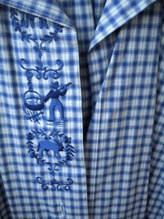 Sale 30% Dress, shirt/blouse/dress, fabric belt, blue embroidery/hunting motifs, blue/white/checked, 2 pockets, collar, ladies/women, vintage
