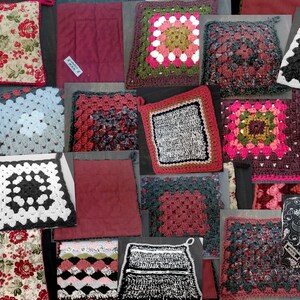 May include: A collection of 18 crocheted pot holders in various colors and patterns, including red, black, white, green, and blue. The pot holders are displayed on a variety of surfaces, including red and gray fabric.