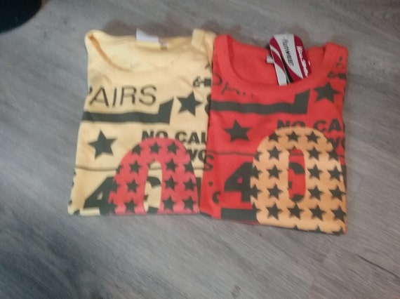 Sale 30% tank top, sleeveless T-shirt, graphic stars + lettering, orange + yellow with grey, girls, women, Blue Seven, Vintage