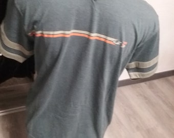 T-shirt, short sleeve, graphic small LOGO, jeans blue-grey-orange, chest+sleeve stripes, V-neck, BIG sizes, measurements, Bad Boys, Vintage