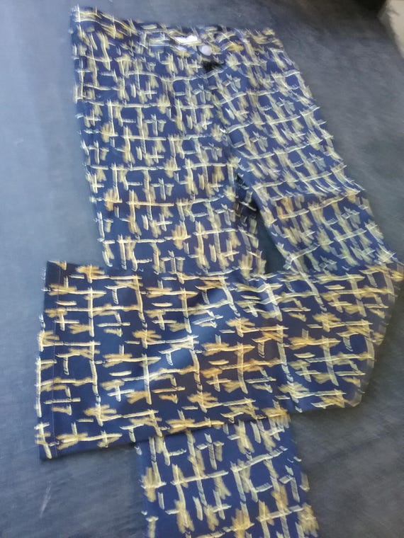 Sale 30% Pants, flared trousers, long, all-over print, dark blue/curry/yellow, zipper/slider, pockets, cotton/elastane, Girls, Esprit, Vintage
