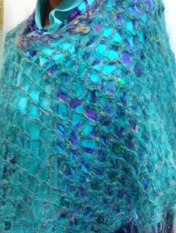 handmade, poncho-throw-crochet shawl-material mix-unique mohair-turquoise-effect yarn, girls, women girls, vintage look